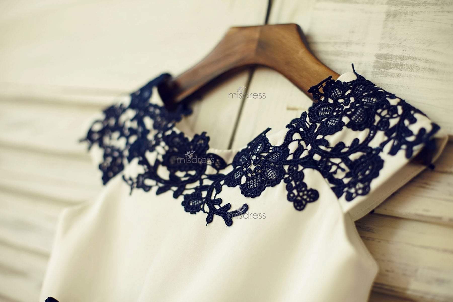 Navy Blue Lace Ivory Satin Tulle Flower Girl Dress With Navy Blue Sash - Flower Girl Dresses