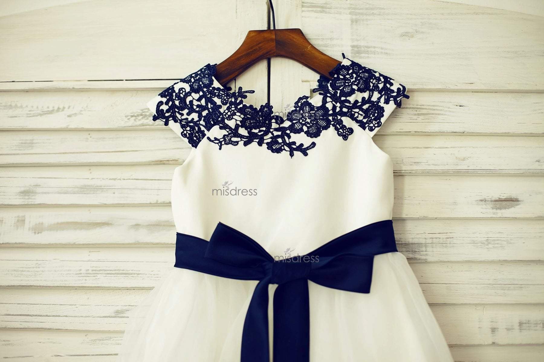 Navy Blue Lace Ivory Satin Tulle Flower Girl Dress With Navy Blue Sash - Flower Girl Dresses