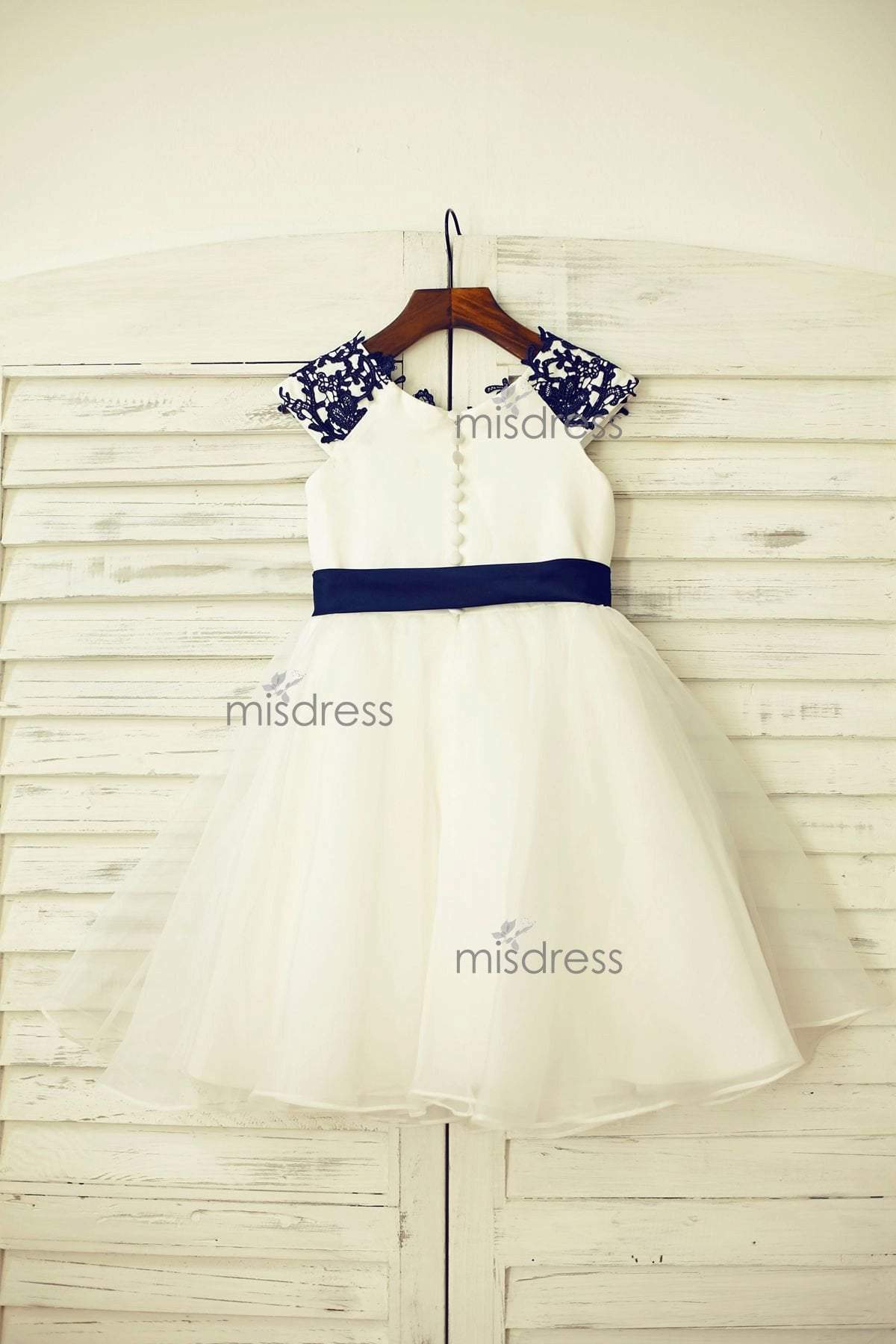 Navy Blue Lace Ivory Satin Tulle Flower Girl Dress With Navy Blue Sash - Flower Girl Dresses
