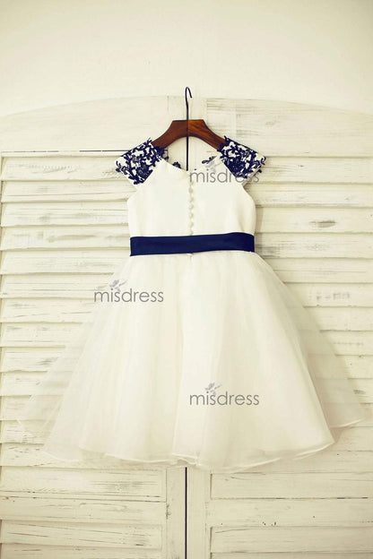 Navy Blue Lace Ivory Satin Tulle Flower Girl Dress With Navy Blue Sash - Flower Girl Dresses