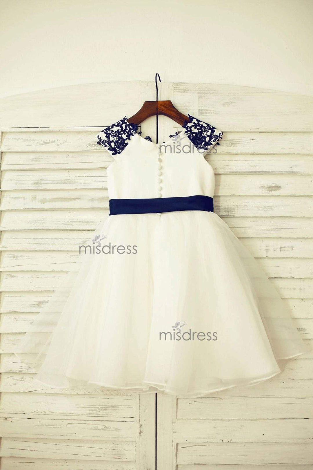 Short Sleeves V Back Lace Tulle Wedding Flower Girl Dress, Navy Belt 5T Short Sleeves V Back Lace Tulle Wedding Flower Girl Dress, Navy Belt 5T