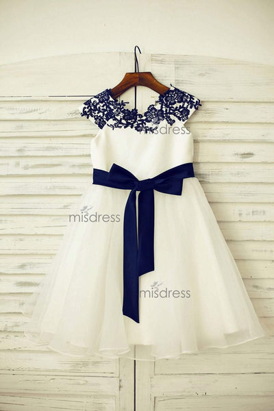 Navy Blue Lace Ivory Satin Tulle Flower Girl Dress With Navy Blue Sash - Flower Girl Dresses