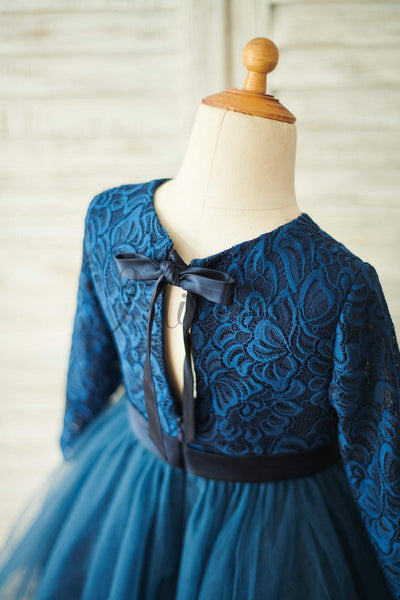 Navy Blue Lace Tulle Long Sleeves Wedding Flower Girl Dress - Flower Girl Dresses