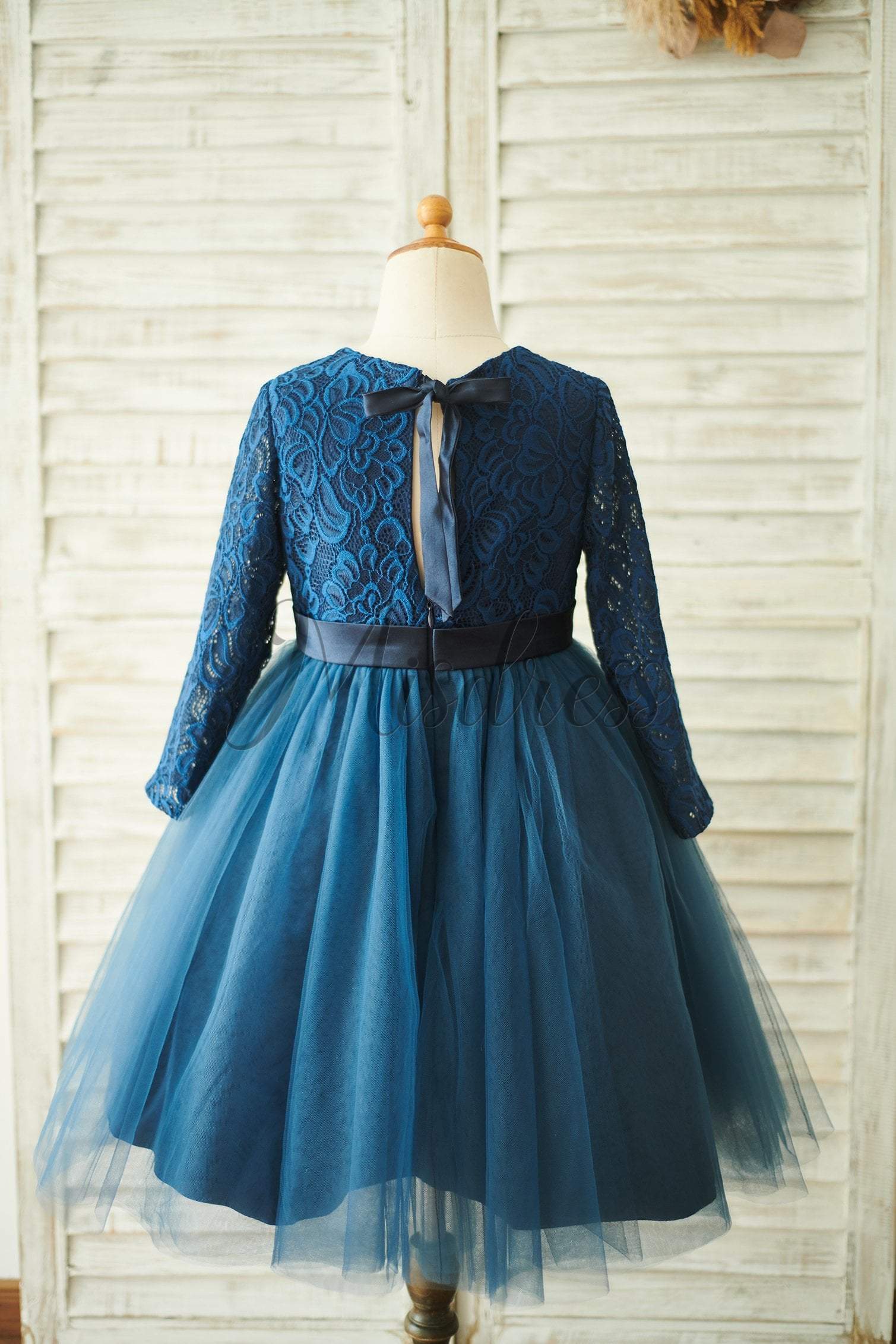 Navy Blue Lace Tulle Long Sleeves Wedding Flower Girl Dress - Flower Girl Dresses