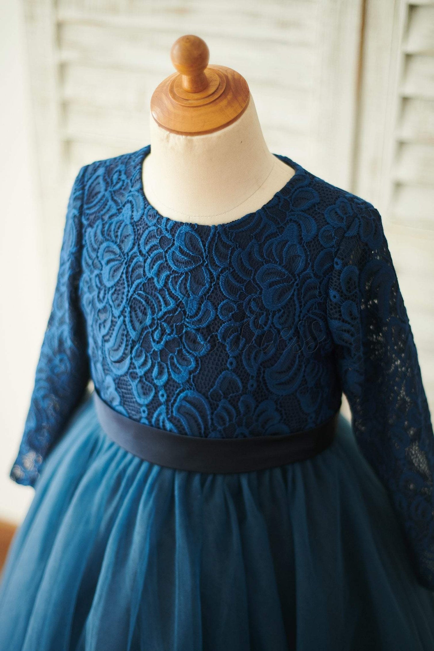 Navy Blue Lace Tulle Long Sleeves Wedding Flower Girl Dress - Flower Girl Dresses