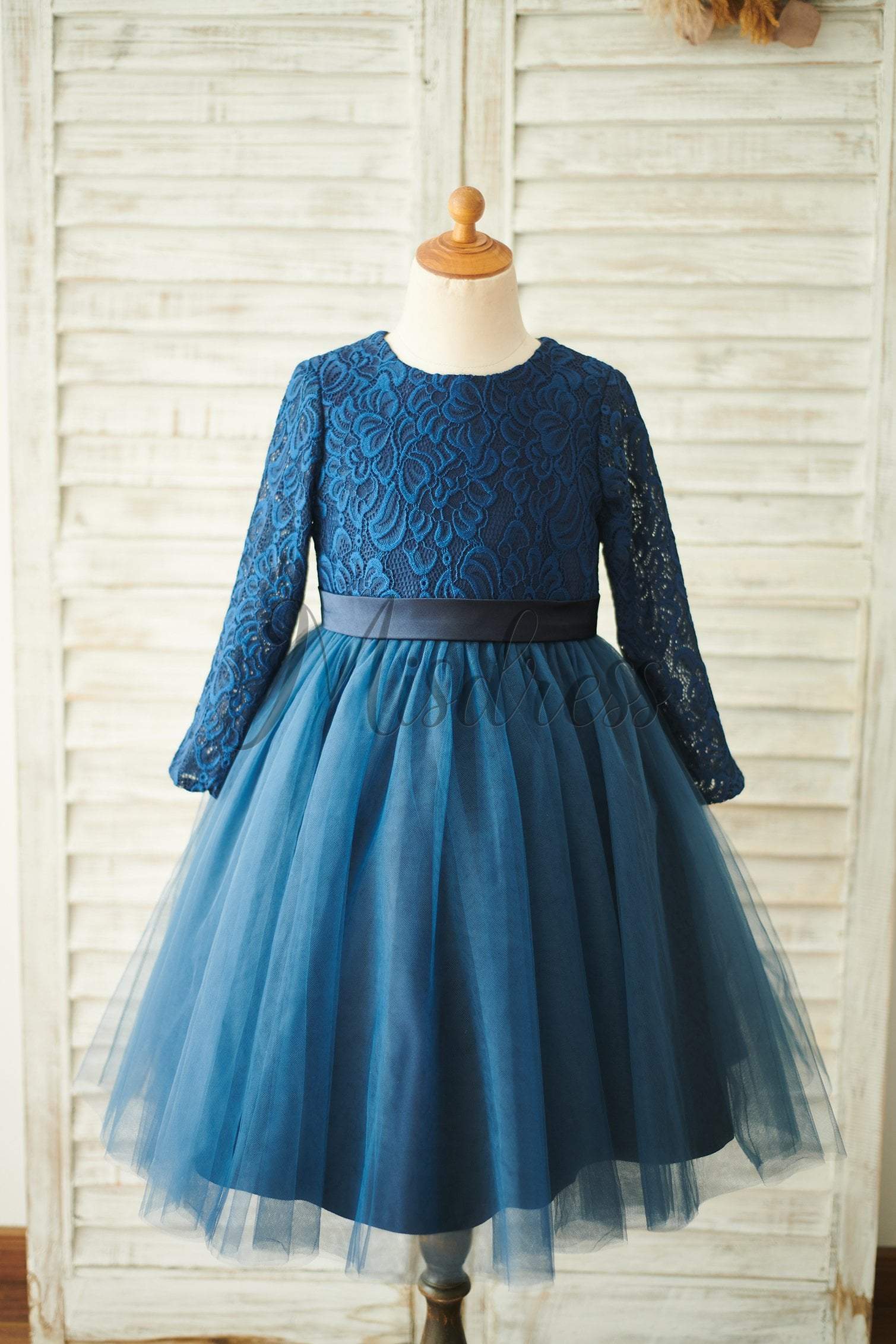 Navy Blue Lace Tulle Long Sleeves Wedding Flower Girl Dress - Flower Girl Dresses
