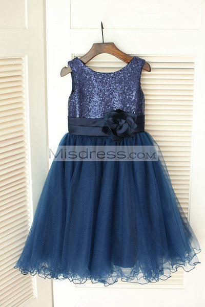 Navy Blue Sequin Tulle Wedding Flower Girl Dress - Flower Girl Dresses