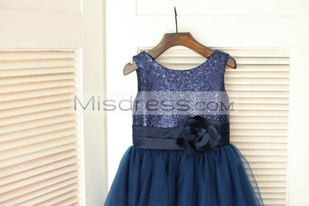Navy Blue Sequin Tulle Wedding Flower Girl Dress - Flower Girl Dresses
