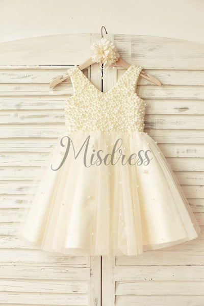 V Neck Champagne Tulle Pearl Beaded Flower Girl Dress - Flower Girl Dresses