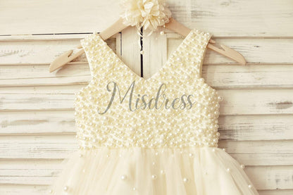 V Neck Champagne Tulle Pearl Beaded Flower Girl Dress - Flower Girl Dresses