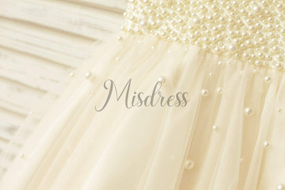 V Neck Champagne Tulle Pearl Beaded Flower Girl Dress - Flower Girl Dresses