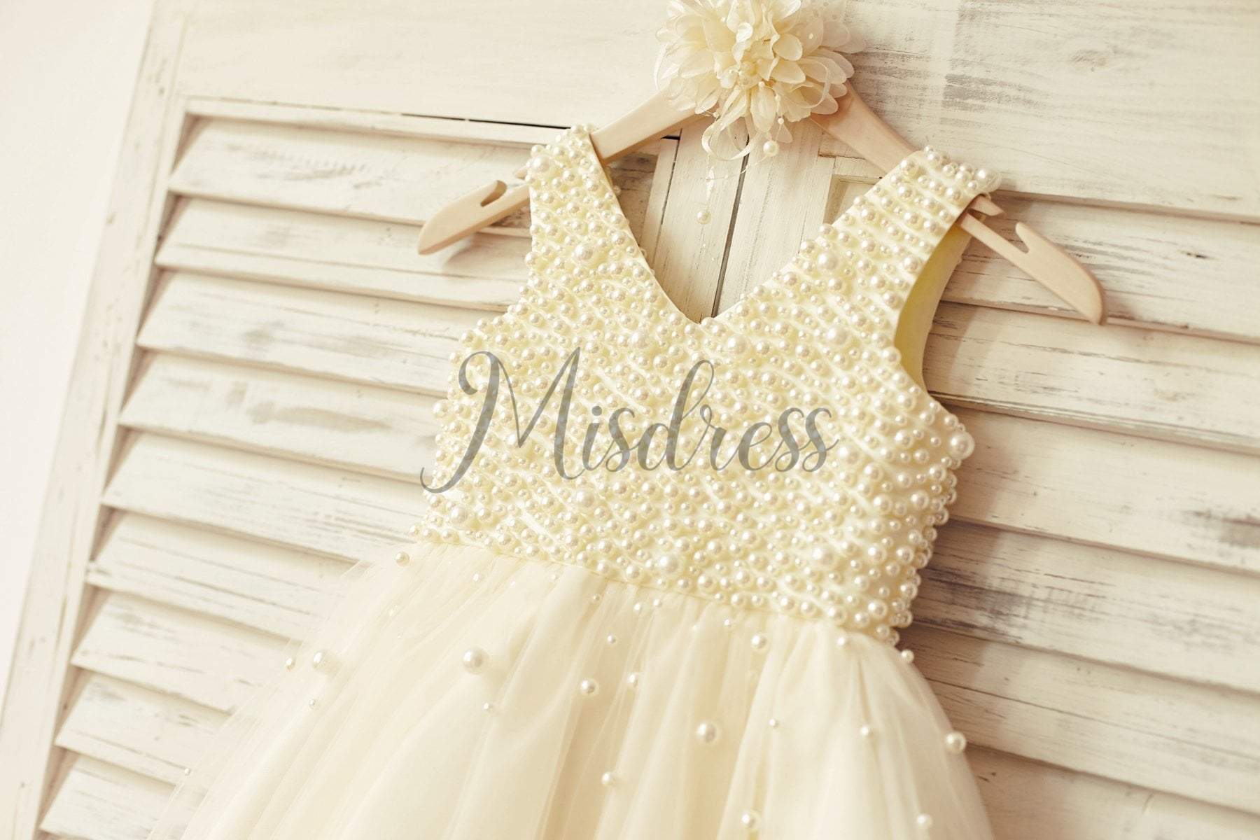 V Neck Champagne Tulle Pearl Beaded Flower Girl Dress - Flower Girl Dresses