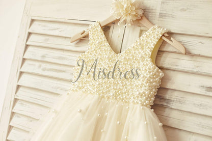 V Neck Champagne Tulle Pearl Beaded Flower Girl Dress - Flower Girl Dresses