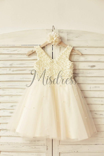 V Neck Champagne Tulle Pearl Beaded Flower Girl Dress - Flower Girl Dresses