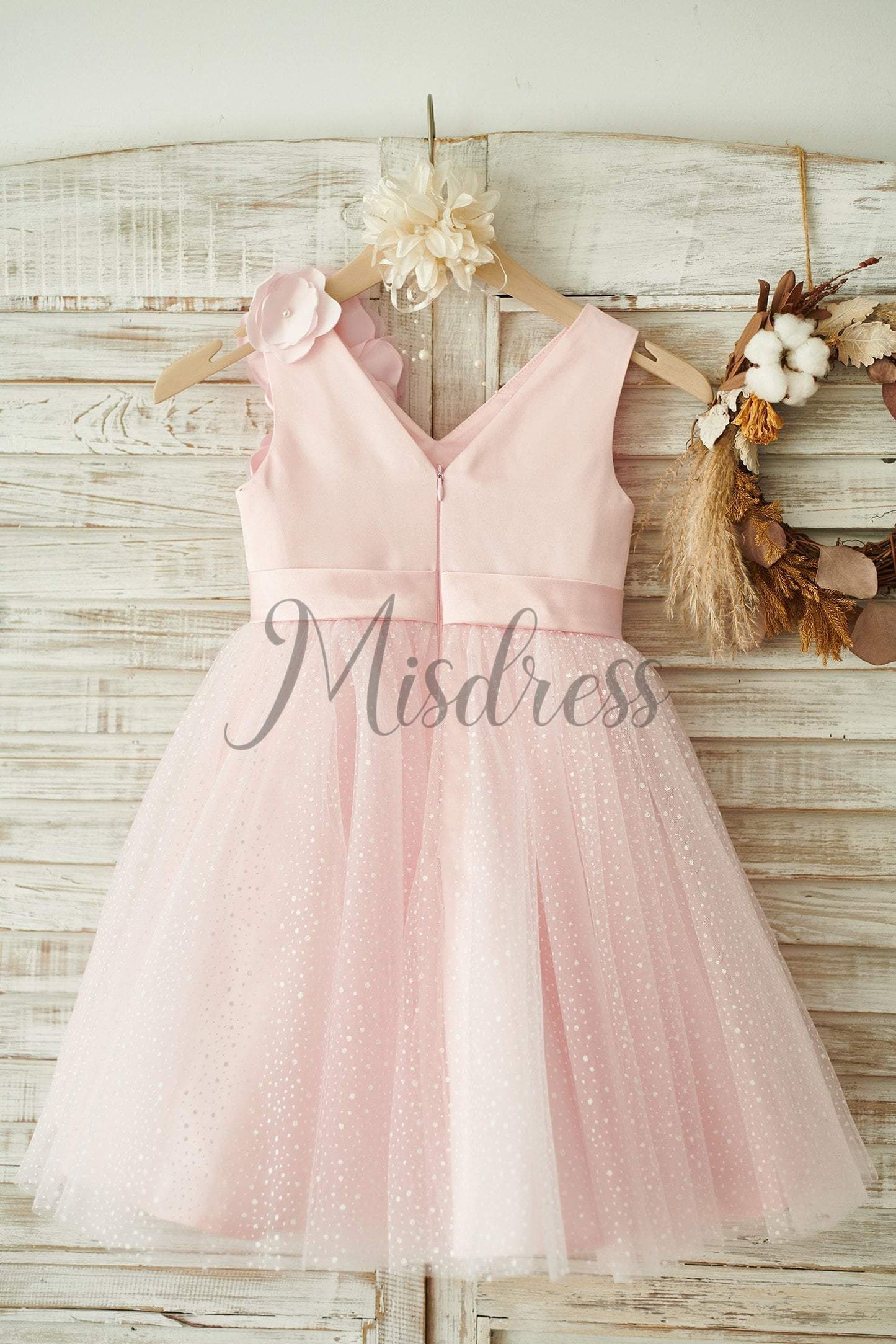 V Neck Pink Satin Tulle Wedding Party Flower Girl Dress - Flower Girl Dresses