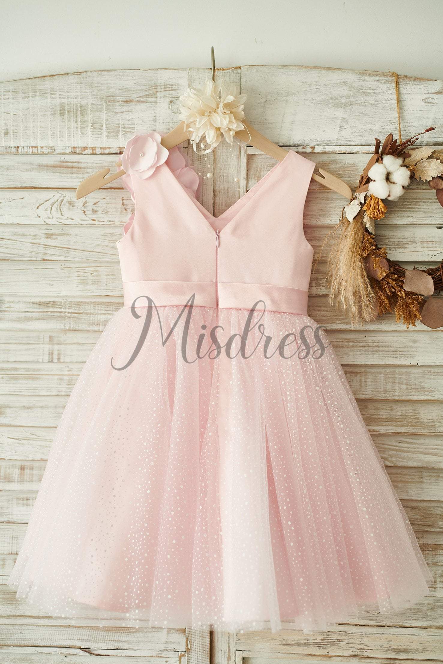 V Neck Pink Satin Tulle Wedding Party Flower Girl Dress - Flower Girl Dresses