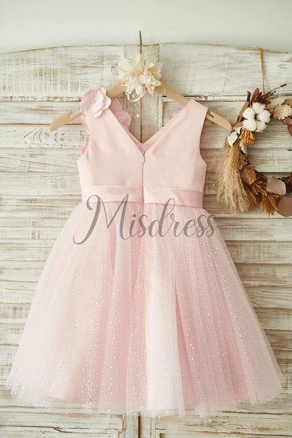 V Neck Pink Satin Tulle Wedding Party Flower Girl Dress - Flower Girl Dresses