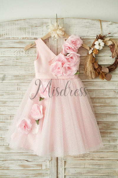 V Neck Pink Satin Tulle Wedding Party Flower Girl Dress - Flower Girl Dresses