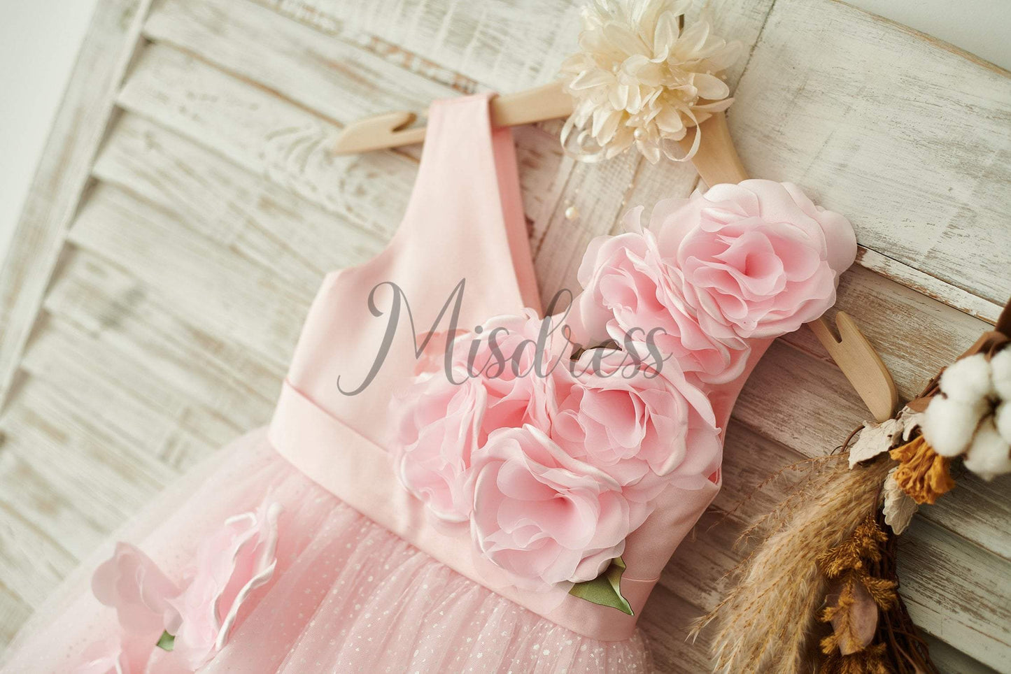 V Neck Pink Satin Tulle Wedding Party Flower Girl Dress - Flower Girl Dresses