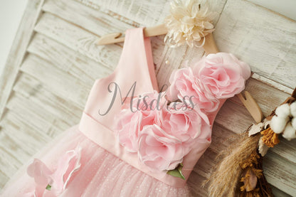 V Neck Pink Satin Tulle Wedding Party Flower Girl Dress - Flower Girl Dresses