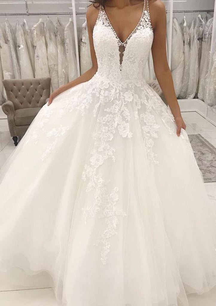 v neck princess wedding dress A-line Princess V Neck Tulle Sweep Train Wedding Dress with Appliques Lace S3070W - Wedding Dresses