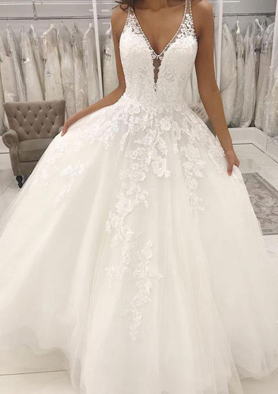 Princess V Neck Sleeveless Floor-Length Tulle Bridal Wedding