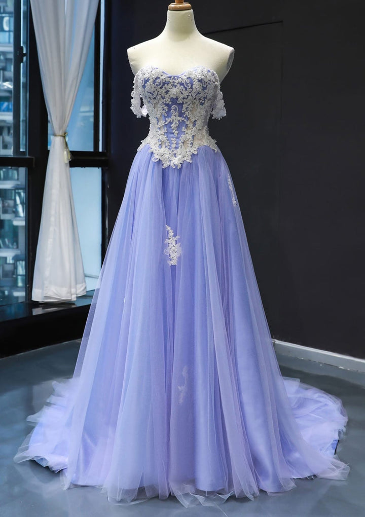 sachin and babi light blue dress 2023 Tulle Floral Ball Gown Princess Lavender Prom Dress – Sassymyprom main image 1