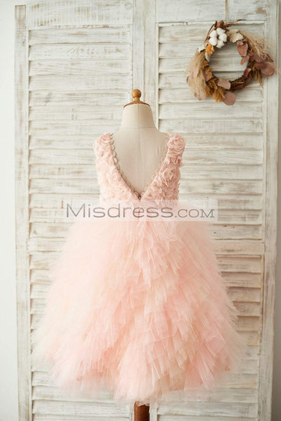 Pink Rosette Tulle V Back Wedding Flower Girl Dress - Flower Girl Dresses