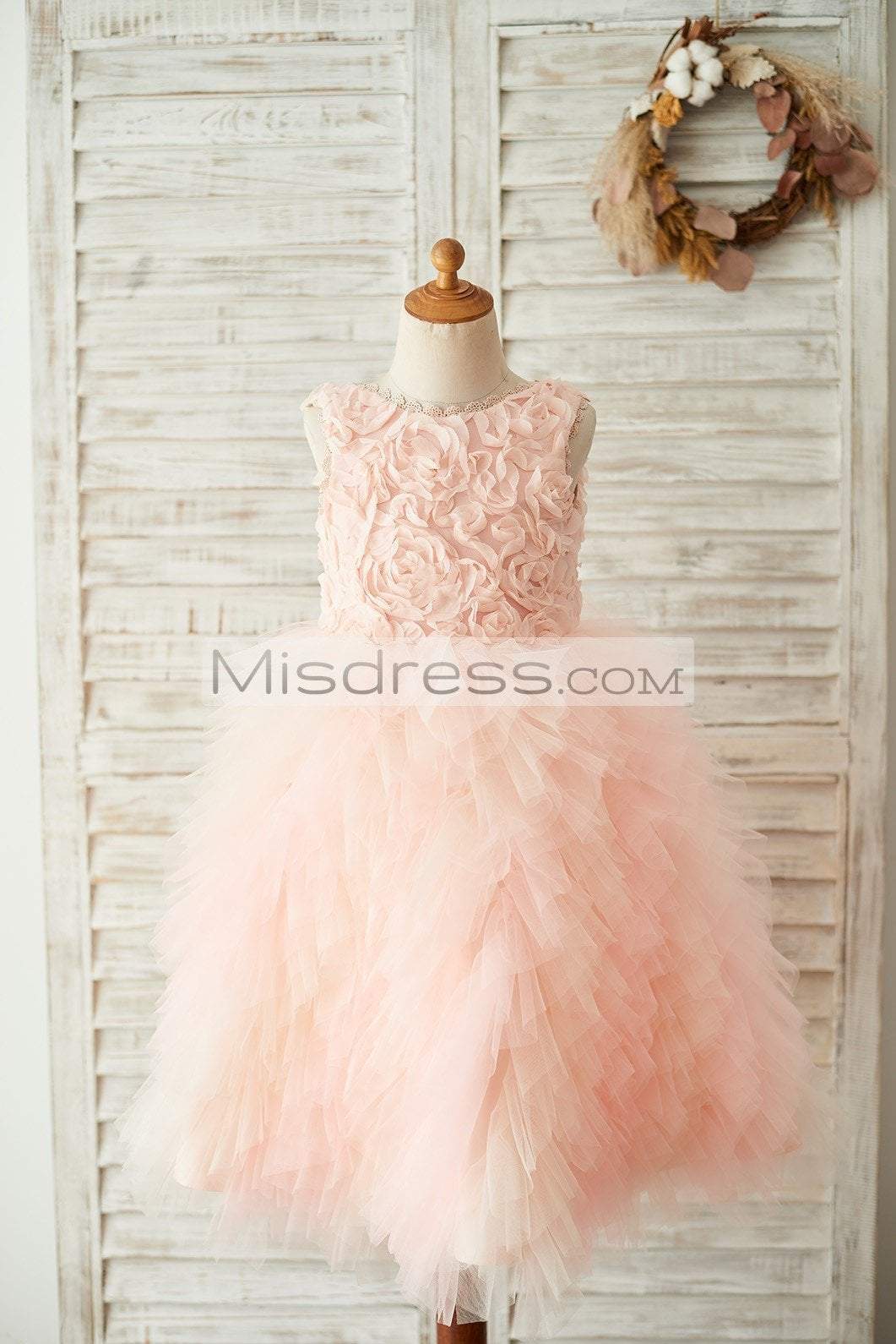 Pink Rosette Tulle V Back Wedding Flower Girl Dress - Flower Girl Dresses