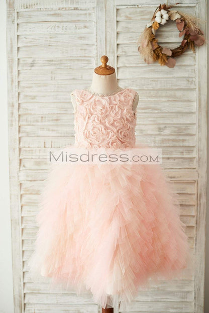 Pink Rosette Tulle V Back Wedding Flower Girl Dress - Flower Girl Dresses