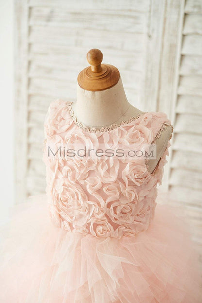 Pink Rosette Tulle V Back Wedding Flower Girl Dress - Flower Girl Dresses