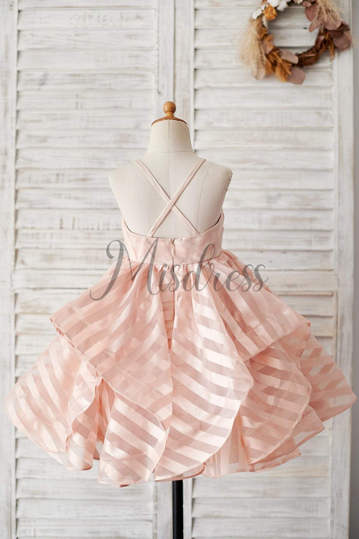 Peach Pink Stripe Organza Spaghetti Straps Wedding Flower Girl Dress - Flower Girl Dresses
