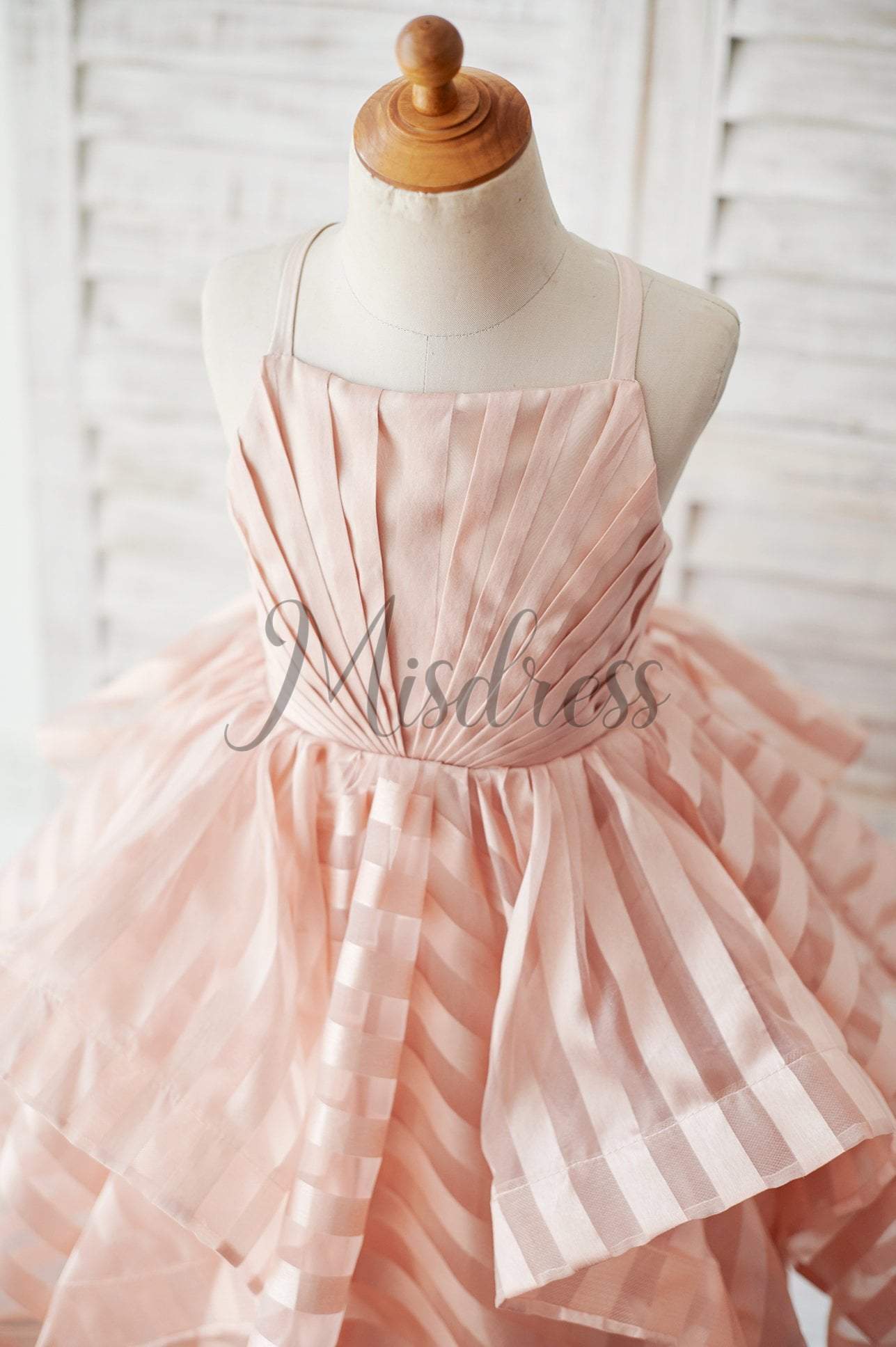 Peach Pink Stripe Organza Spaghetti Straps Wedding Flower Girl Dress - Flower Girl Dresses