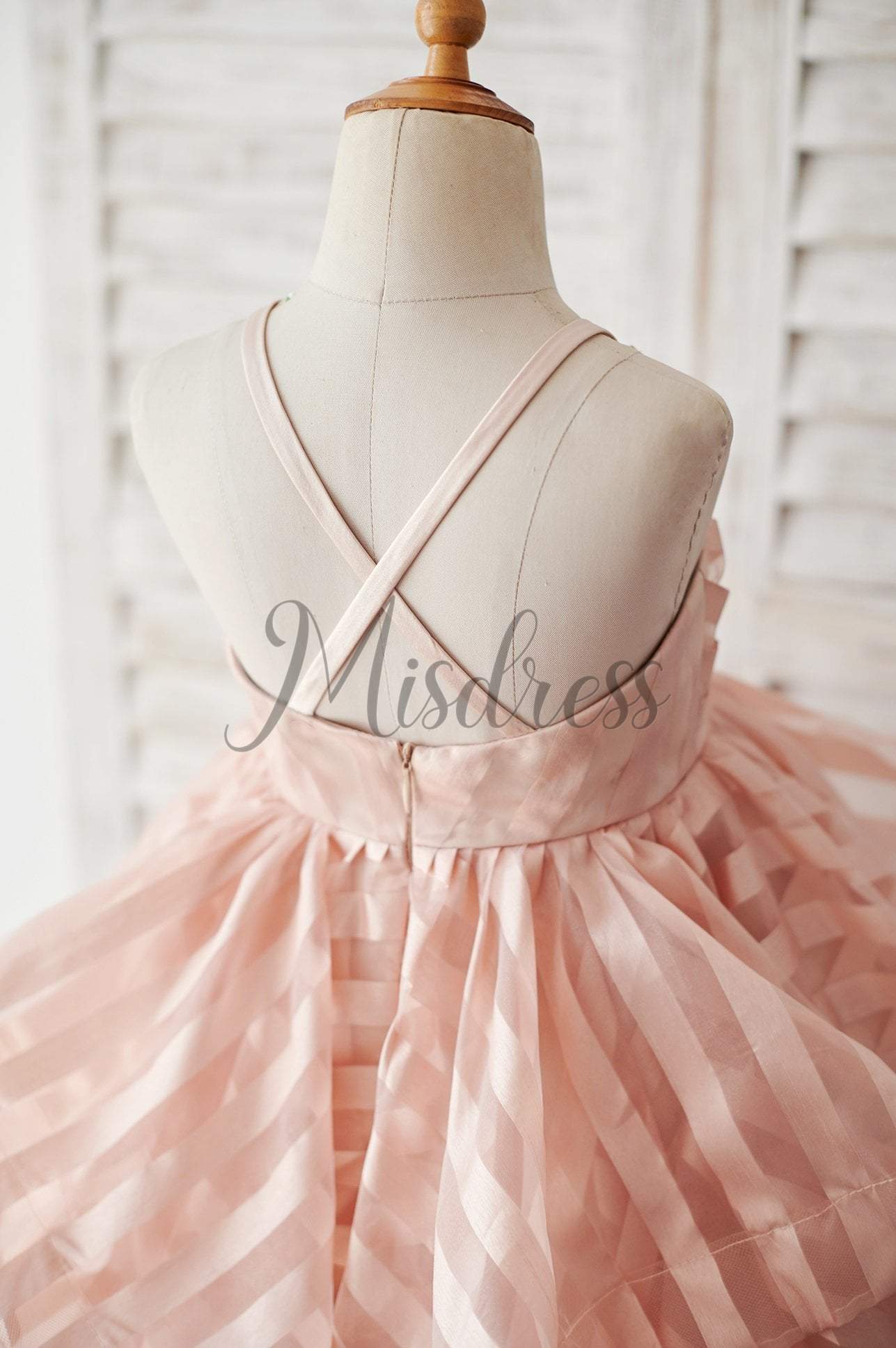 Peach Pink Stripe Organza Spaghetti Straps Wedding Flower Girl Dress - Flower Girl Dresses