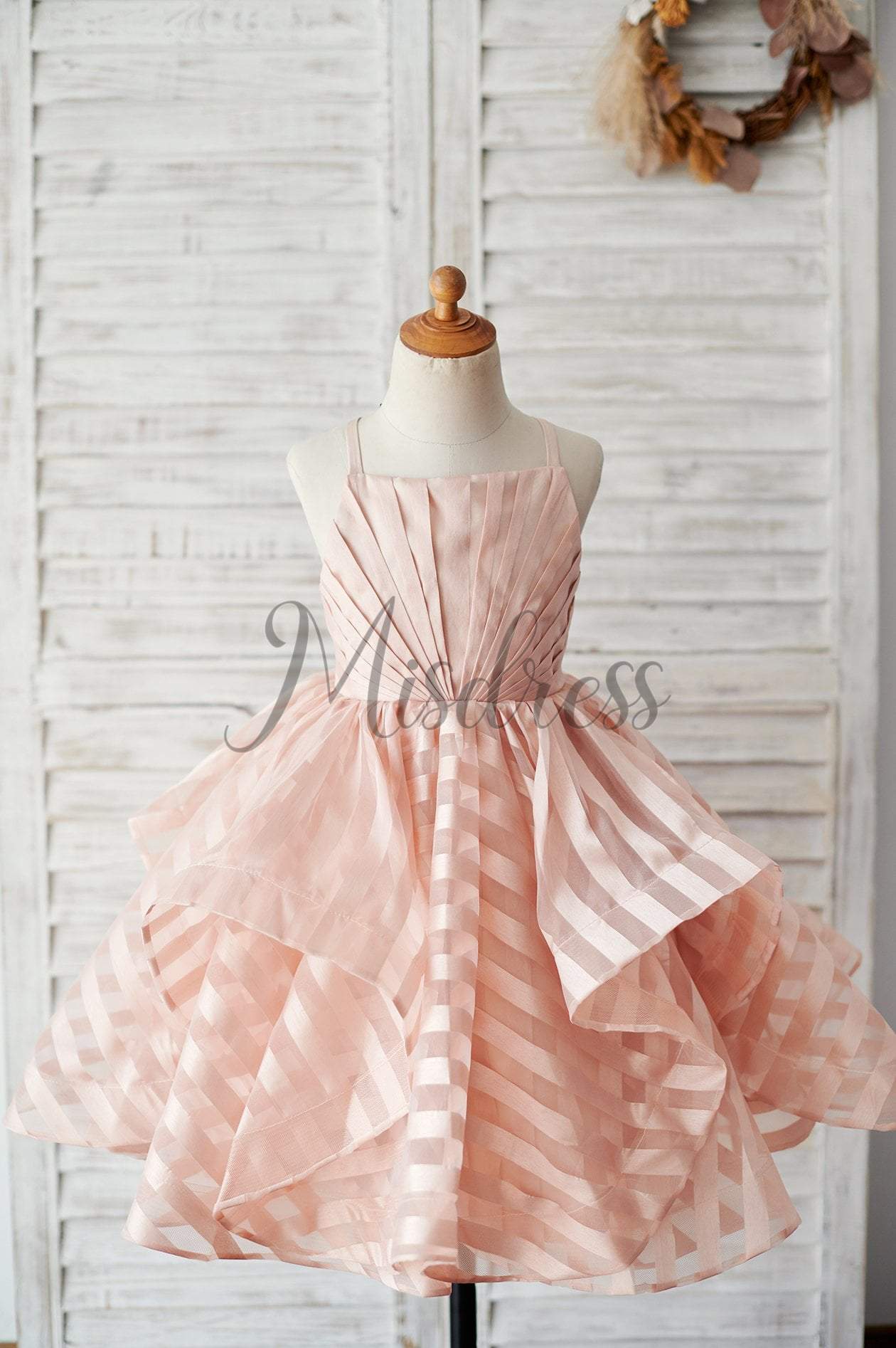 Peach Pink Stripe Organza Spaghetti Straps Wedding Flower Girl Dress - Flower Girl Dresses