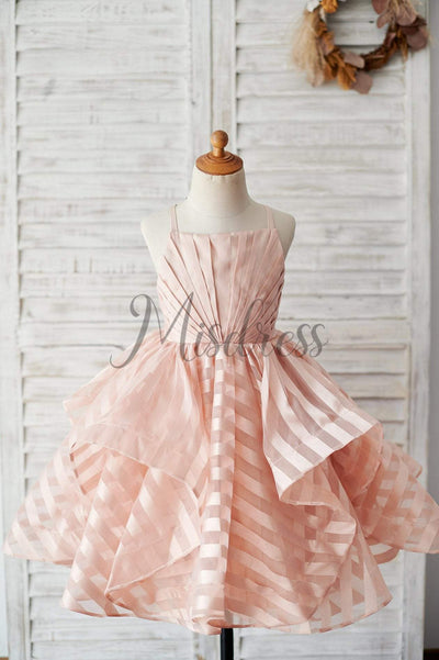Peach Pink Stripe Organza Spaghetti Straps Wedding Flower Girl Dress - Flower Girl Dresses