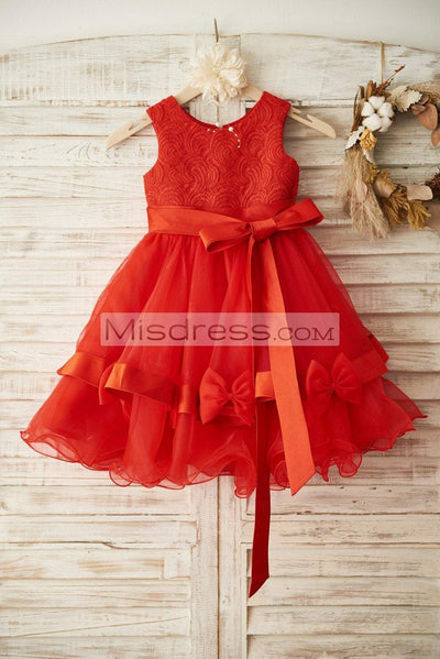 Red Lace Organza Wedding Flower Girl Dress with Belt - Flower Girl Dresses
