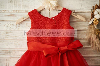 Red Lace Organza Wedding Flower Girl Dress with Belt - Flower Girl Dresses
