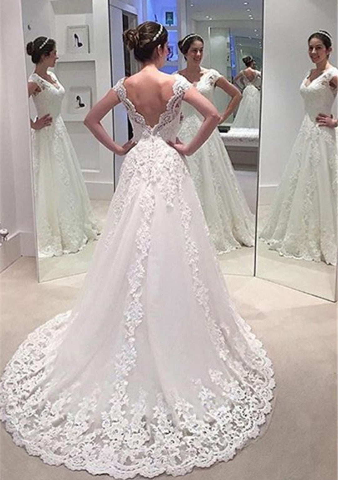 Princess Scalloped V Neck Court Lace Wedding Dress, Buttons Princess Scalloped V Neck Court Lace Wedding Dress, Buttons