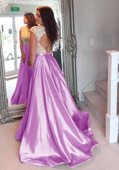 Princess Scoop Neck Open Back Floor Length Court Train 