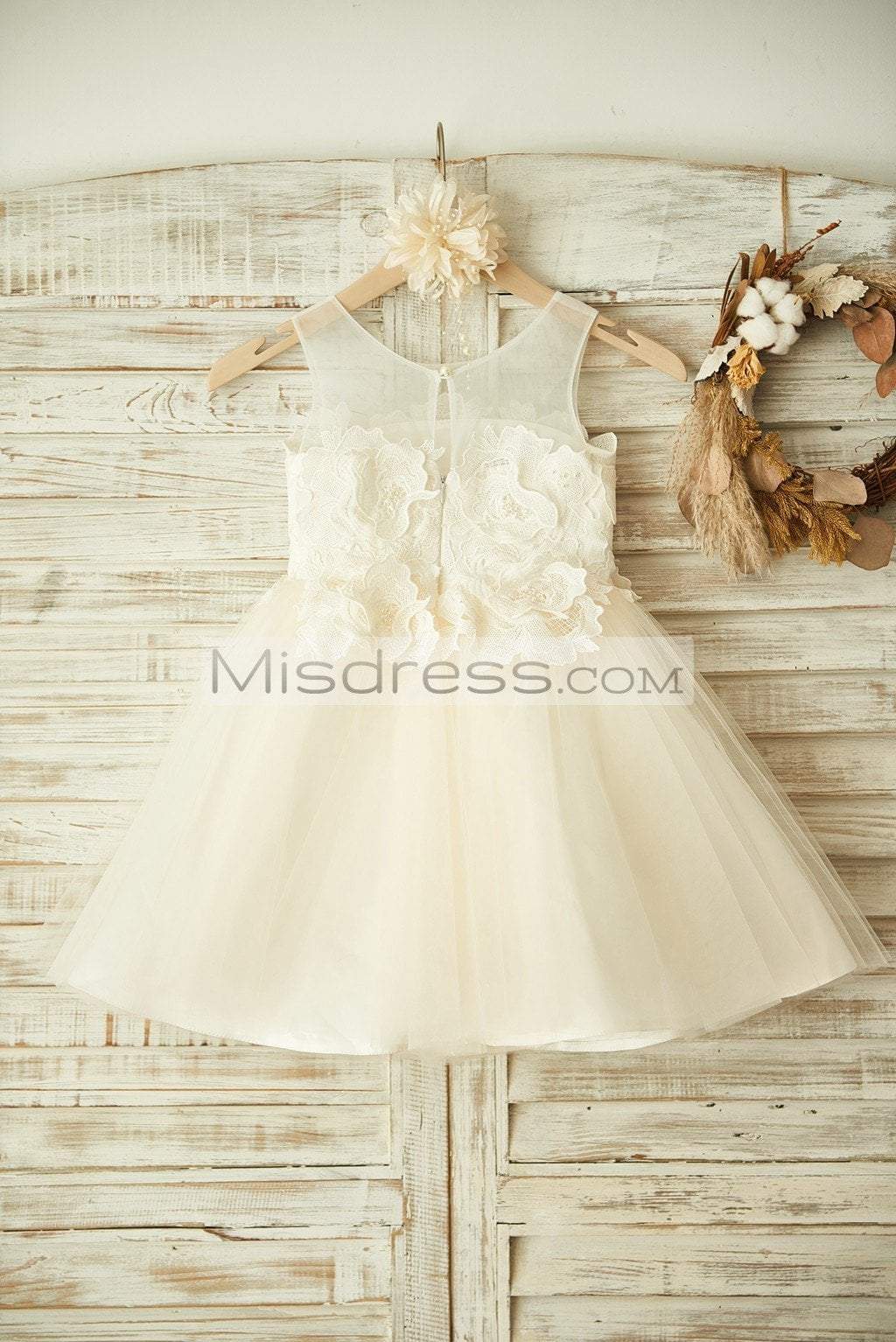 Sheer Neck Ivory Lace Champagne Tulle Wedding Flower Girl Dress - Flower Girl Dresses