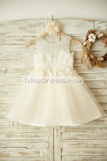 Sheer Neck Ivory Lace Champagne Tulle Wedding Flower Girl Dress - Flower Girl Dresses