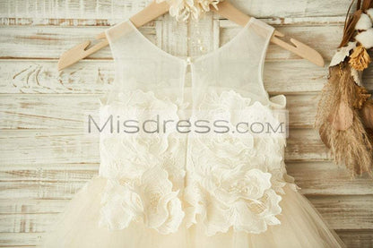 Sheer Neck Ivory Lace Champagne Tulle Wedding Flower Girl Dress - Flower Girl Dresses