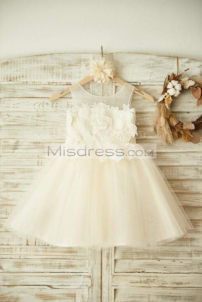 Sheer Neck Ivory Lace Champagne Tulle Wedding Flower Girl Dress - Flower Girl Dresses