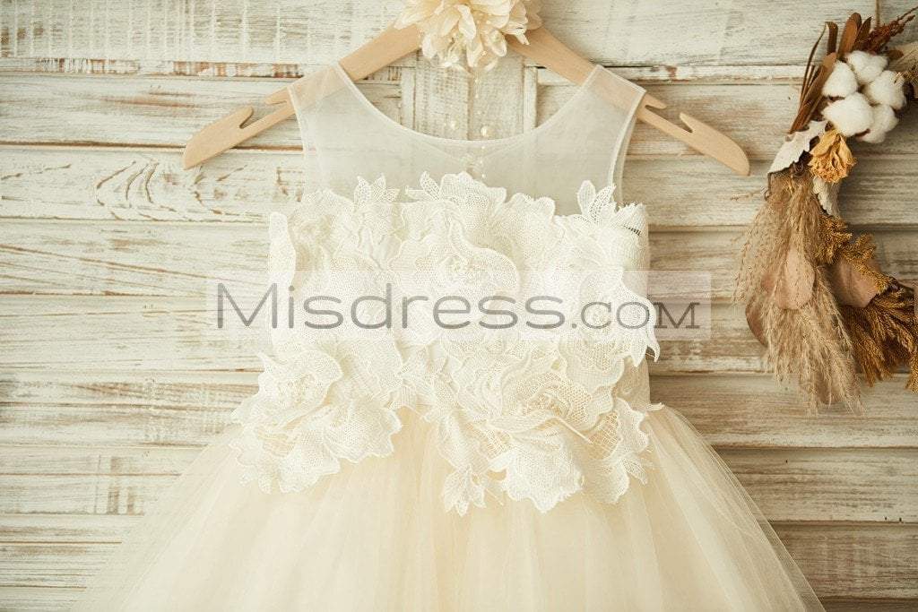Sheer Neck Ivory Lace Champagne Tulle Wedding Flower Girl Dress - Flower Girl Dresses