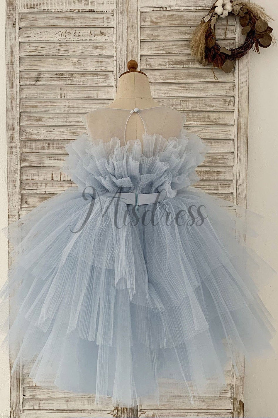 Sheer Neck Pleated Blue Tulle Wedding Flower Girl Dress Kids Party Dress