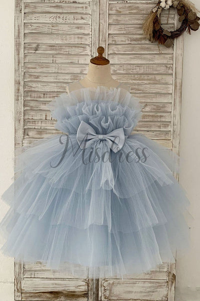 Sheer Neck Pleated Blue Tulle Wedding Flower Girl Dress Kids Party Dress