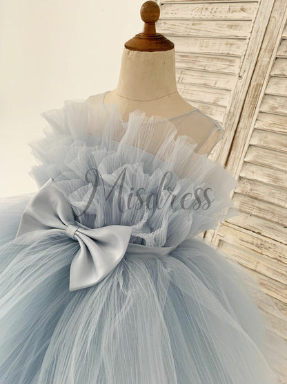 Sheer Neck Pleated Blue Tulle Wedding Flower Girl Dress Kids Party Dress