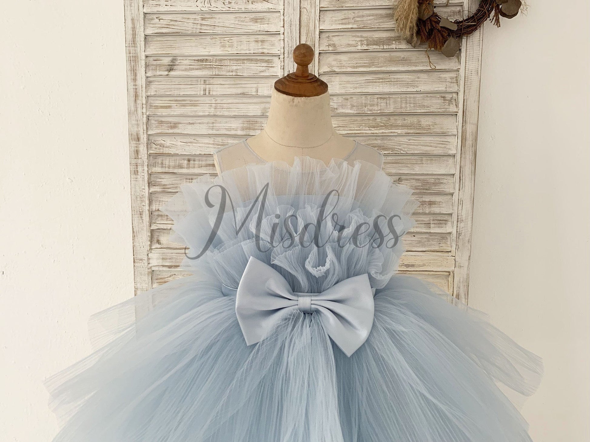 Sheer Neck Pleated Blue Tulle Wedding Flower Girl Dress Kids Party Dress
