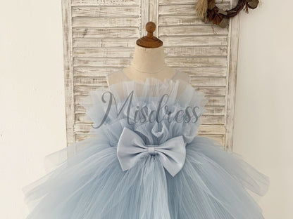 Sheer Neck Pleated Blue Tulle Wedding Flower Girl Dress Kids Party Dress